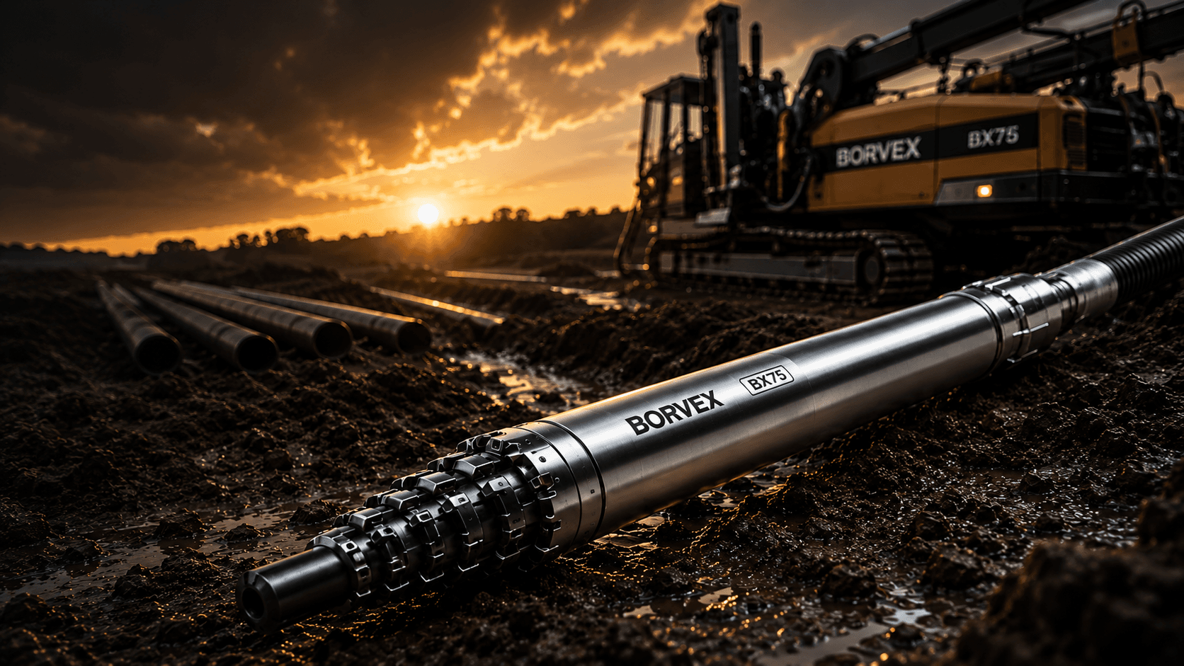 BORVEX BX75 pneumatic piercing tool on a utility jobsite with excavator